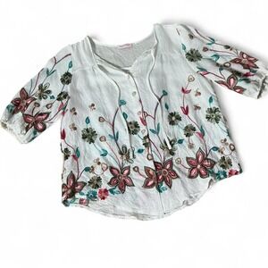 Ana & Rose White Floral Embroidered Peasant Blouse Boho Top Large